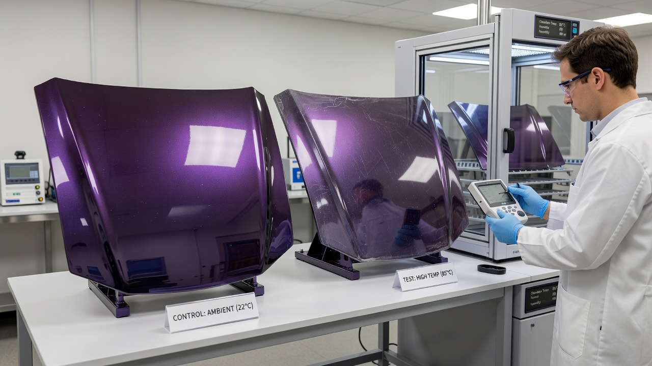 Laboratory setup showing temperature-controlled panels with violet automotive paint samples undergoing durability analysis