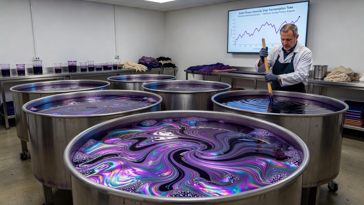 Detailed view of violet sheen formation on botanical dye extracts in traditional Southeast Asian workshops